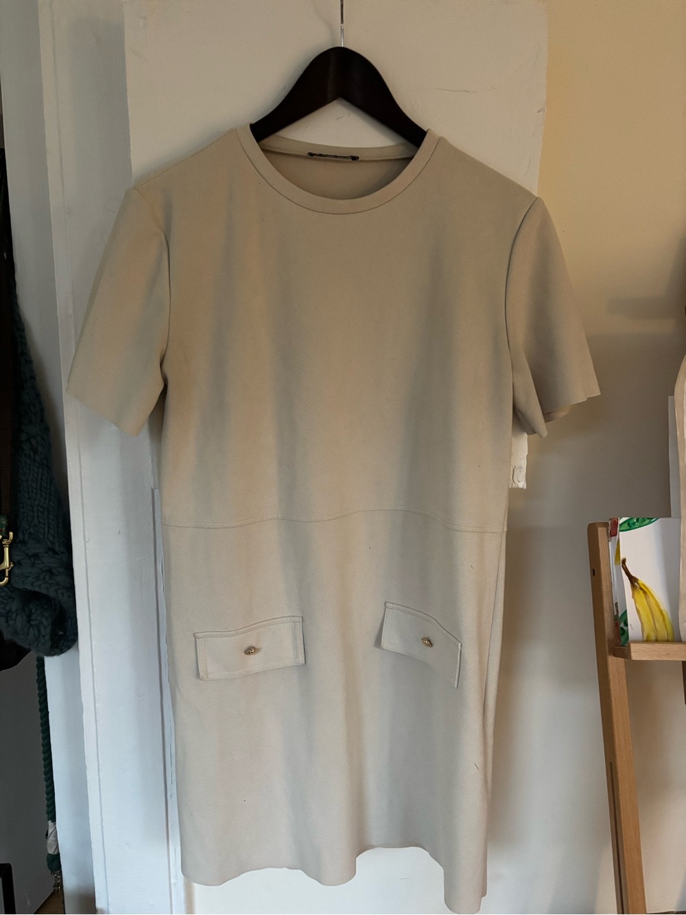 Zara Cream Shift Dress with Front Pocket Details